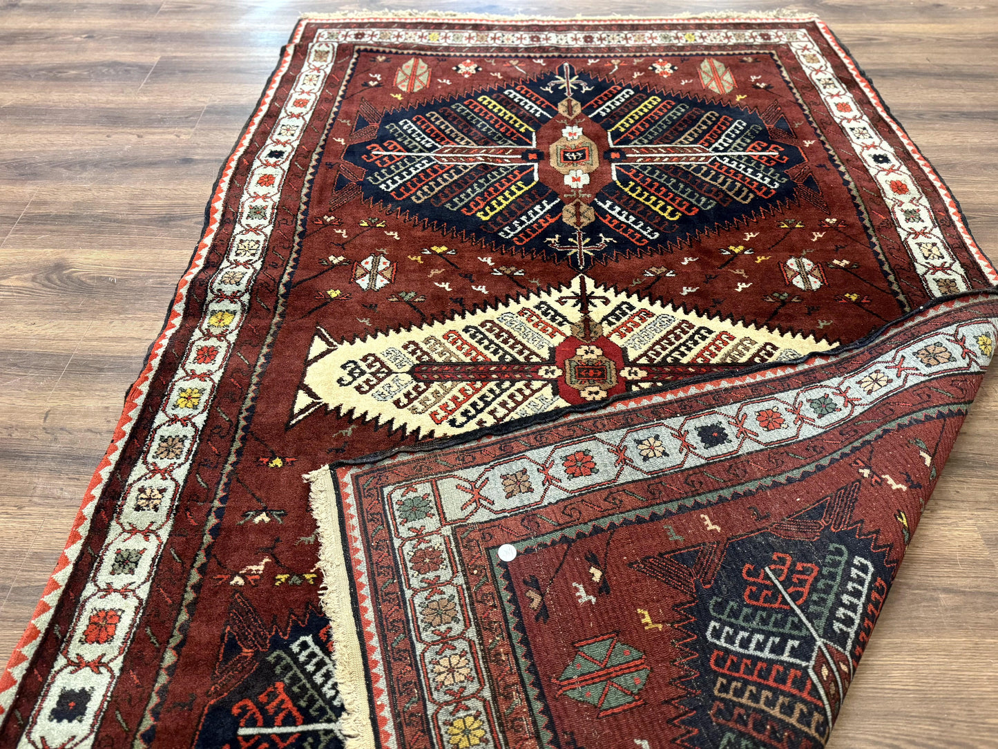 Antique Persian Tribal Rug 5 x 7.8, Triple Medallions, Red, Persian Afshar Rug