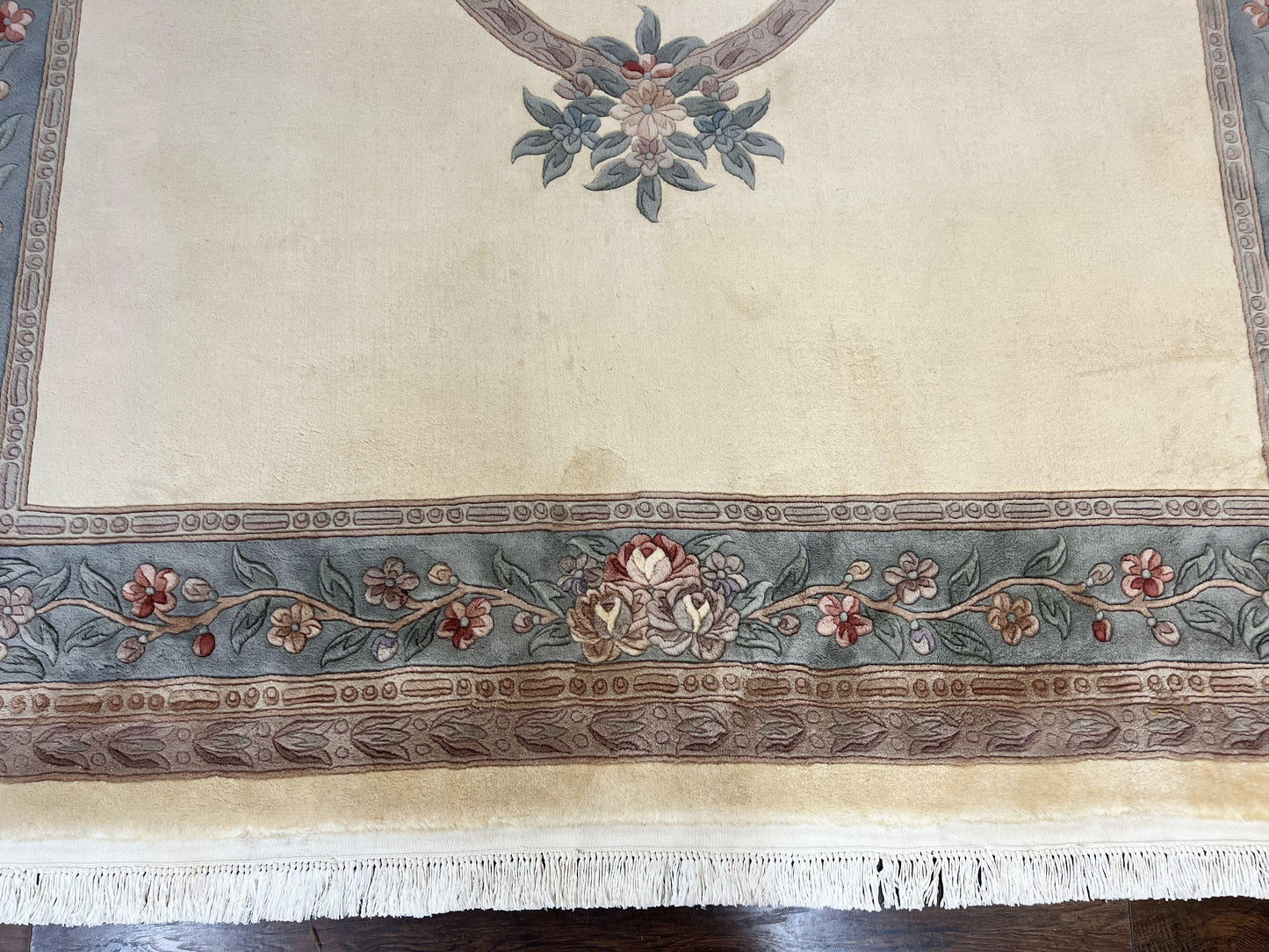 Chinese Wool Rug 8x10 Handknotted 120 Line Cream Aubusson Art Deco Oriental Rug