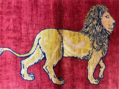 Handmade Wool Rug 3x5 Hand Knotted Pictorial Lion Rug With Red Organic Dyes