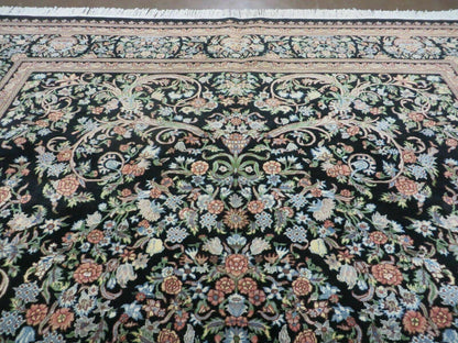 Vintage Handmade Pakistani Floral Wool Rug 8x10 Black Full Pile