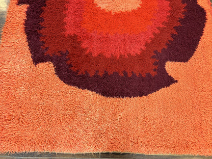Danish Rya Shag Rug 4x6, Mid Century 1960s Retro Vintage Wool Rug, Shades of Red