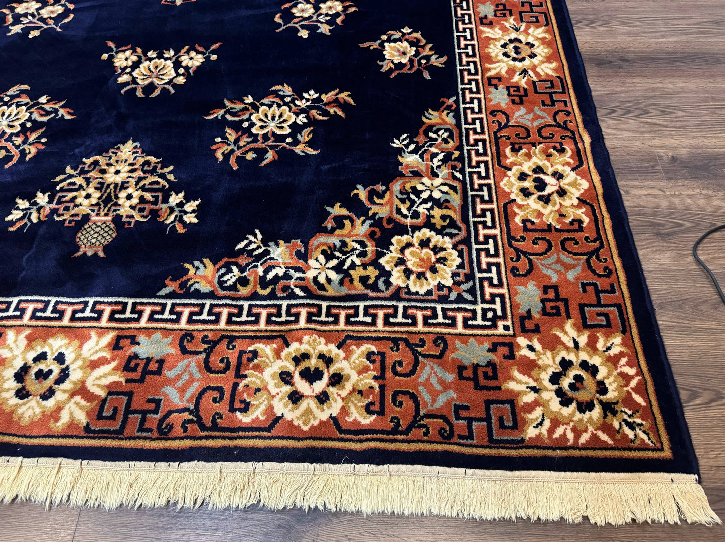 Vintage Chinese Wool Rug 8x11 in Navy Blue and Terracotta Floral Design, Couristan Power-Loomed