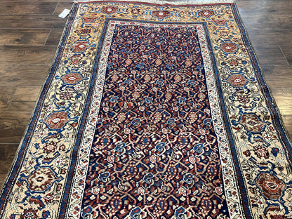 Persian Senneh Rug 4x8 Wool Hand Knotted Antique Kurdish Carpet Navy Blue Oriental Area Rug