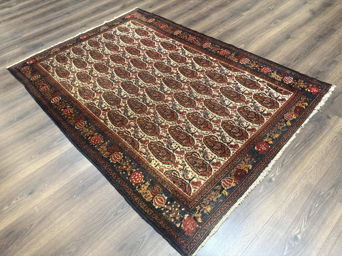 Senneh Rug Antique Persian Kurdish Hand Knotted 4.6 By 6.5 Repeated Paisley Boteh Design