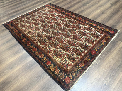 Senneh Rug Antique Persian Kurdish Hand Knotted 4.6 By 6.5 Repeated Paisley Boteh Design
