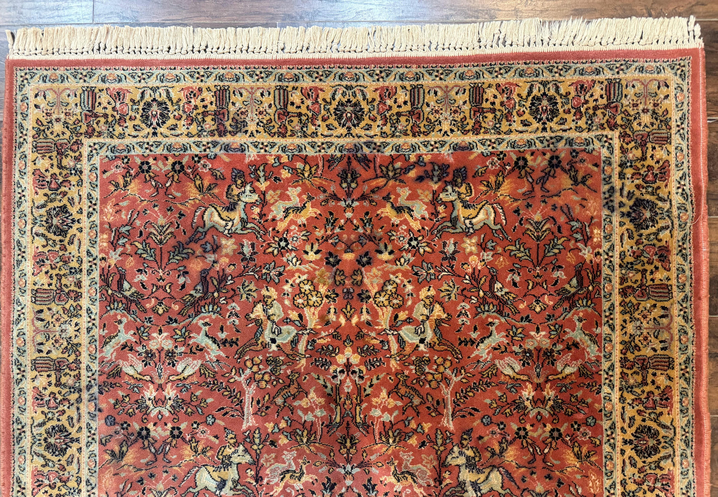 Persian Hunting Design Rug 4.7 x 6.5, Hunting Scene, Red-Orange, Wool, Belgian Power Loomed Carpet