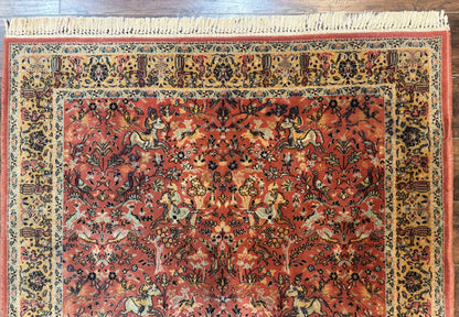 Persian Hunting Design Rug 4.7 x 6.5, Hunting Scene, Red-Orange, Wool, Belgian Power Loomed Carpet