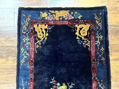 Antique Chinese Peking Rug 3x6 Handmade Wool Bird Motif Dark Blue Oriental Carpet