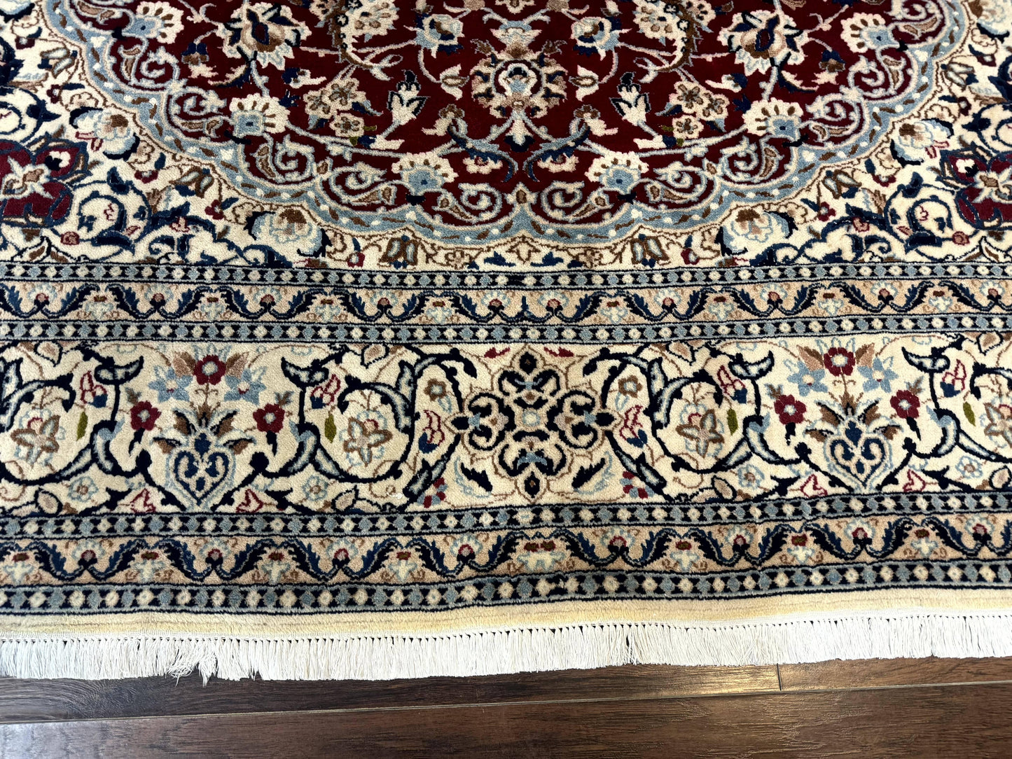 Persian Nain Rug 8x11 Wool Silk Highlights Burgundy Ivory Floral Medallion