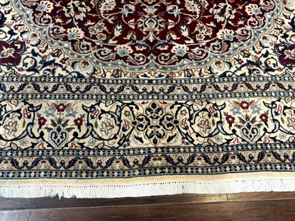 Persian Nain Rug 8x11 Wool Silk Highlights Burgundy Ivory Floral Medallion