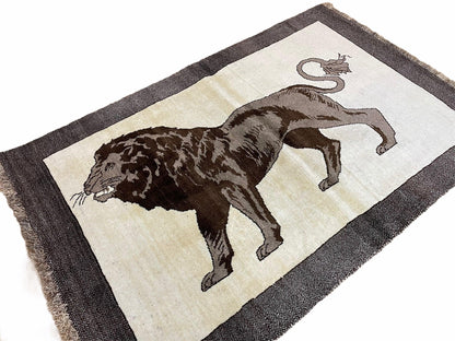 Handmade Lion Rug 3x5 Wool Hand Knotted Brown Beige Vintage Quality