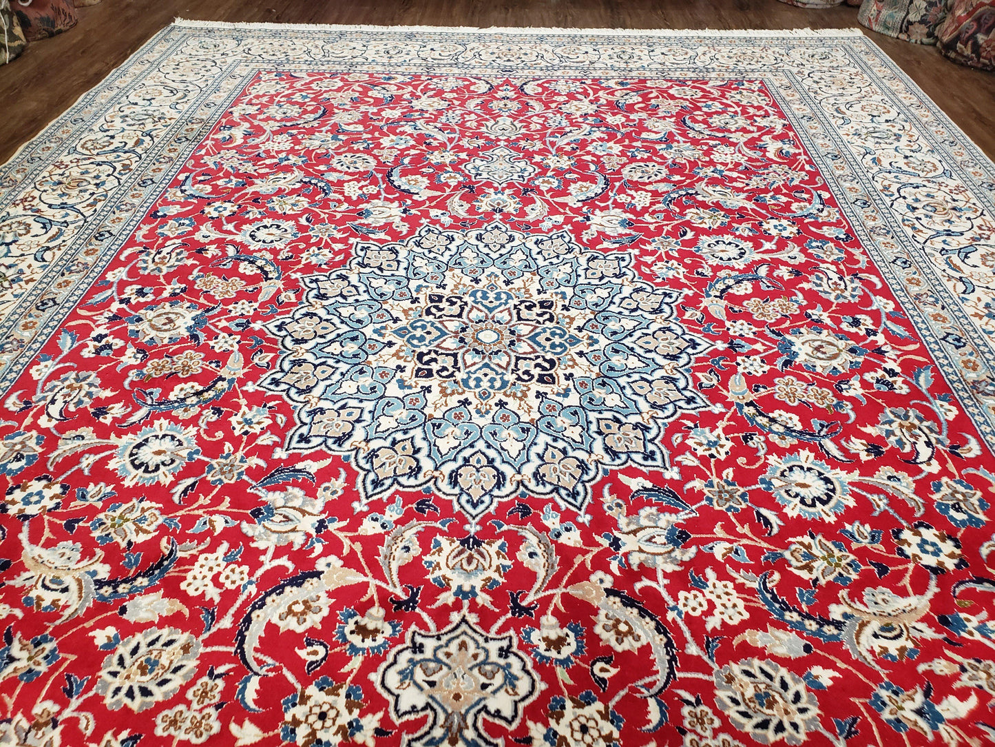 Persian Nain Rug 8x12, Red and Ivory, Signed