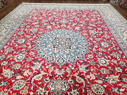 Persian Nain Rug 8x12, Red and Ivory, Signed