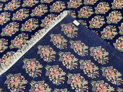 Persian Rug 9x12, Authentic Hand Knotted Carpet, Repeated Floral Motif Garden of Eden, Navy Blue Wool Rug 9 x 12, Semi Antique Kirman Rug