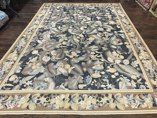 Large Needlepoint Rug 9x13, Handmade Wool Flatweave Vintage Rug, Leaves, Green