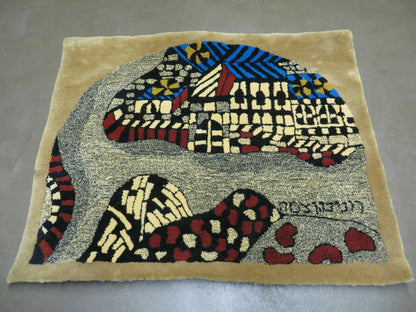 Vintage Israeli Handcrafted Wool Rug 3 By 4 Feet Wall Hanging Signed Hebrew