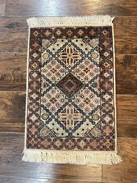 Small Indo Persian Rug 1.5 x 2, Hand Knotted Oriental Carpet, Wool Vintage Handmade, Cream Multicolor, Panel Design