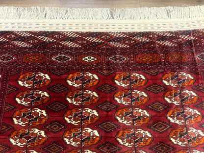 Persian Turkoman Rug 7x9 Antique Red Tribal Carpet With Gul Motif And Geometric Borders