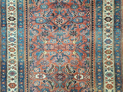 3' 8" X 11' Antique Handmade Turkish Wool Rug Veg Dye Runner Nice Rusted Red