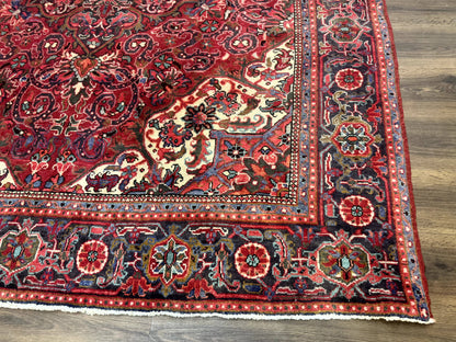 Persian Heriz Rug 7x10 Vintage Wool Carpet Red Navy Geometric Medallion