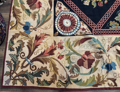 Palace Size Needlepoint Rug 12x20, European French English Aubusson Floral Design, Black and Beige