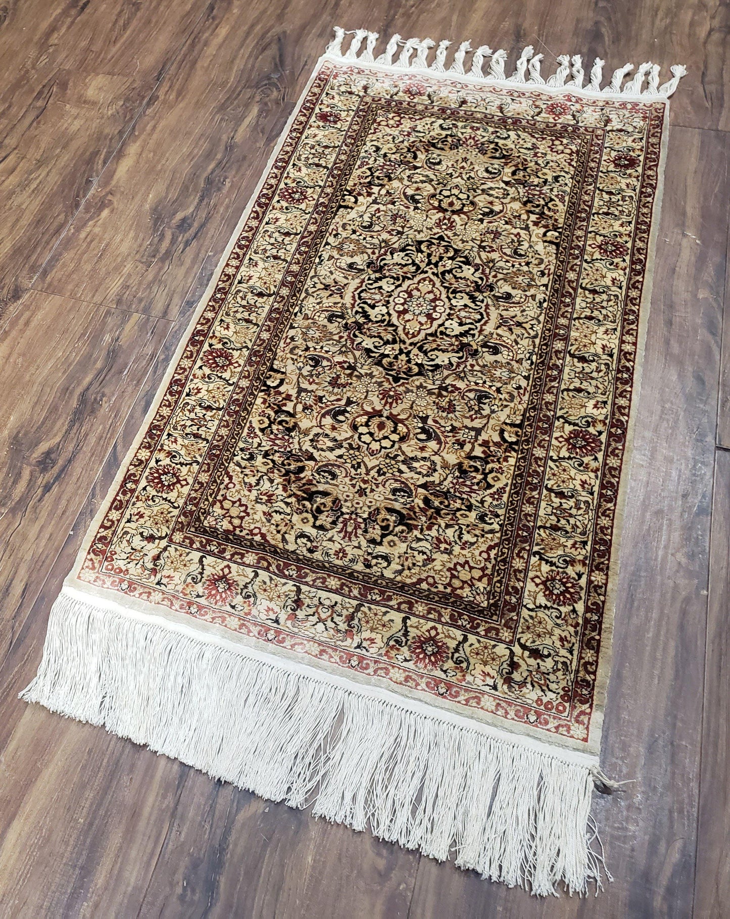 Silk Oriental Rug 1' 7" x 3', Very Fine Silk Carpet, Small Silk Rug, Traditional Floral Medallion, Hand-Knotted Cream Beige Vintage Silk Rug