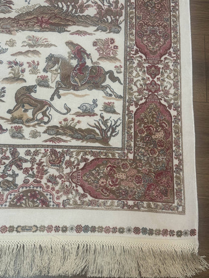 Long Turkish Silk Runner Rug 2.6 x 16.5, Hunting Design, Ivory, Bamboo Silk, New