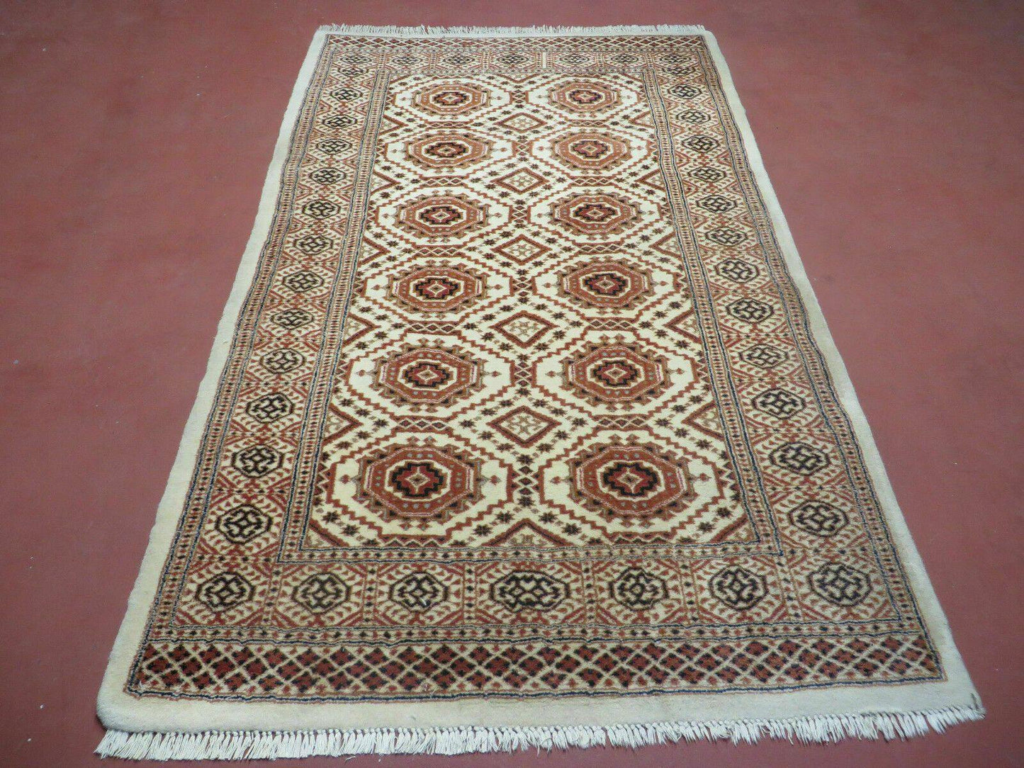 Vintage Turkoman Bokhara Wool Rug 4x7 Handmade Pakistani Ivory