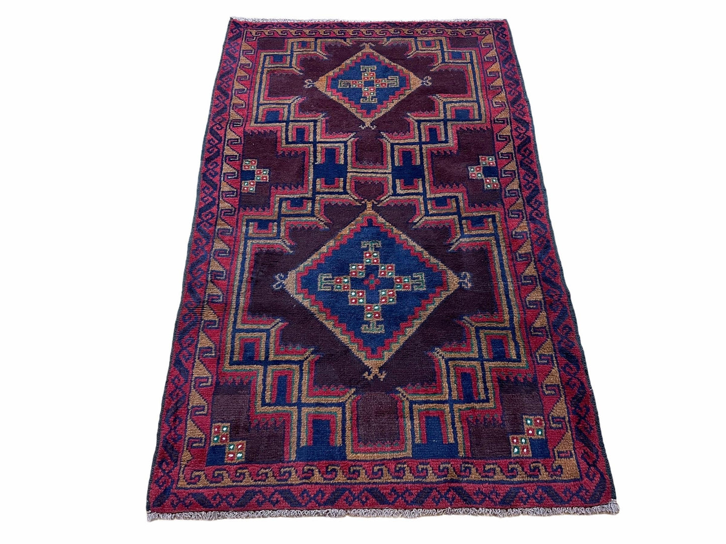 Balouchi Wool Rug Vintage Handmade Afghan Tribal Geometric 2ft11in By 4ft6in