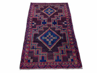 Balouchi Wool Rug Vintage Handmade Afghan Tribal Geometric 2ft11in By 4ft6in