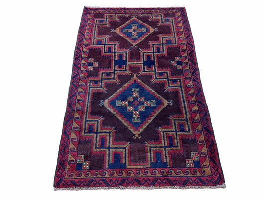 Balouchi Wool Rug Vintage Handmade Afghan Tribal Geometric 2ft11in By 4ft6in