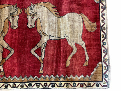 Handmade Hand Knotted Wool Rug 4x6 Vintage Horses Tribal Red Organic Dyes
