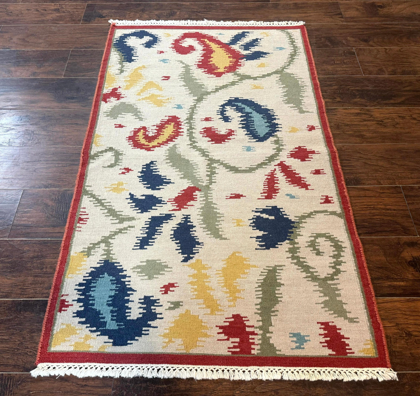Indian Kilim Flatweave Rug 3x5, Abstract, Beige and Multicolor Flowers, Handmade