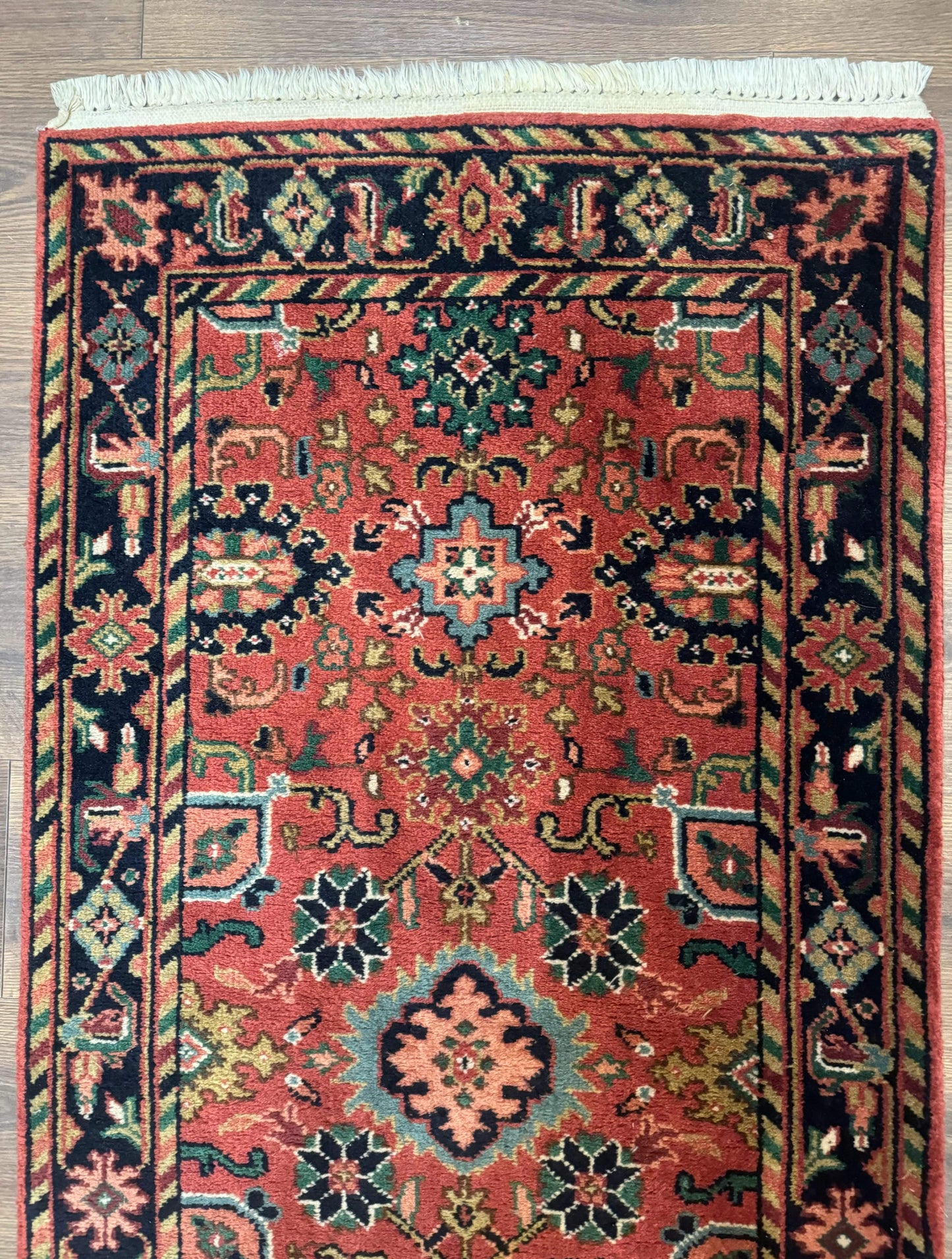 Indo Persian Heriz Runner Rug 2 x 12 ft, Hand Knotted Wool Hallway Rug, Red & Black