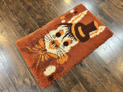 Rya Shag Rug 2x4, Rabbit in Top Hat, Wool, Orange, Vintage 1960s Danish Shag Rug