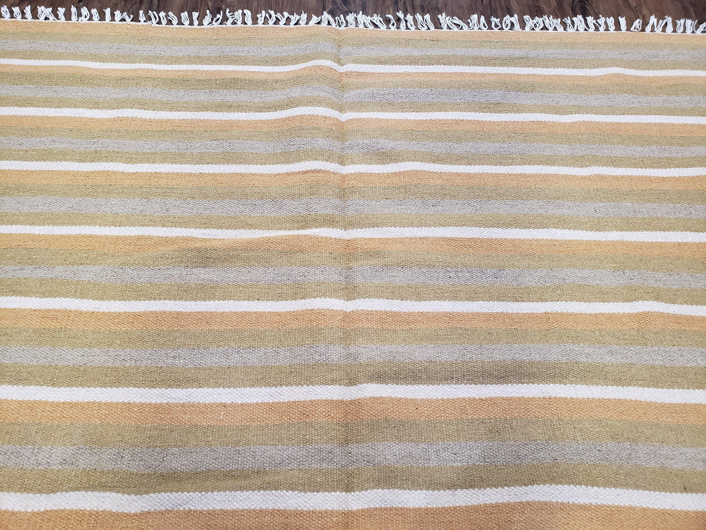 New Indian Kilim Area Rug, 6x8 - 7x8 South American Style Blanket, Striped Indian Wool Hand-Woven Flat Weave 6x9 Bedroom Rug, Ivory Ochre