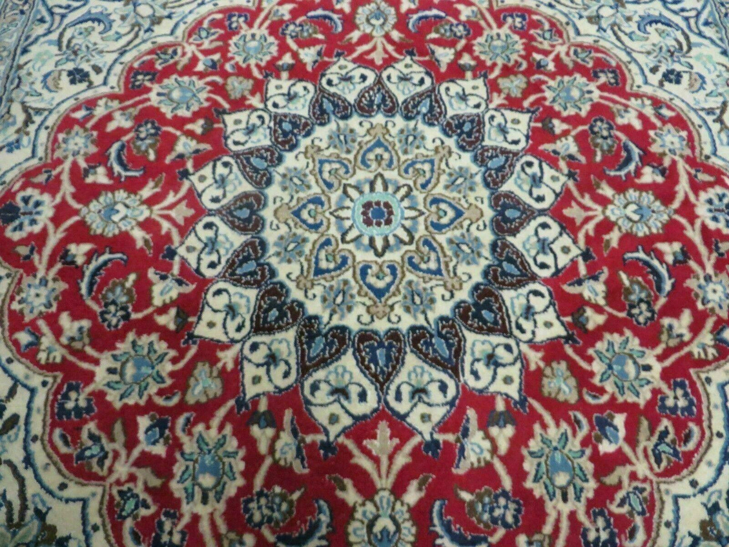 Square Persian Nain Rug 6ft 3in By 6ft 8in Hand Knotted Wool Silk Accents Ivory Red Blue