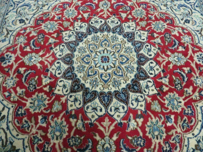 Square Persian Nain Rug 6ft 3in By 6ft 8in Hand Knotted Wool Silk Accents Ivory Red Blue