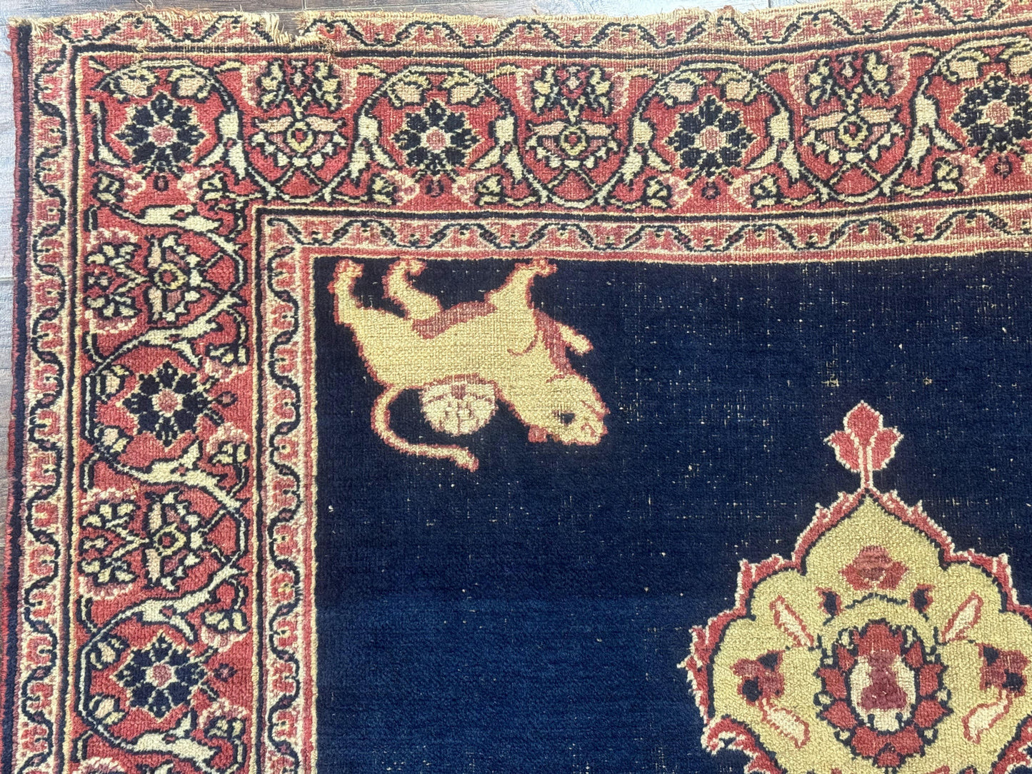 Antique Persian Mashad Rug 4x6, Semi Open Field, Navy Blue, Lion Pictorials, Triple Medallion, Dorokhsh Rug