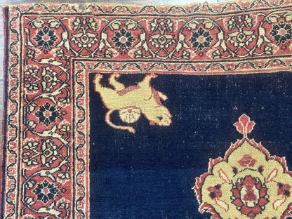 Antique Persian Mashad Rug 4x6, Semi Open Field, Navy Blue, Lion Pictorials, Triple Medallion, Dorokhsh Rug