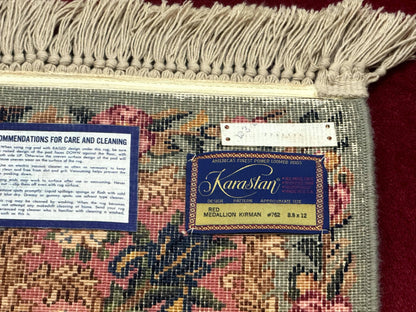 Karastan Kirman Rug 8.8x12 Red Medallion Wool Vintage Carpet