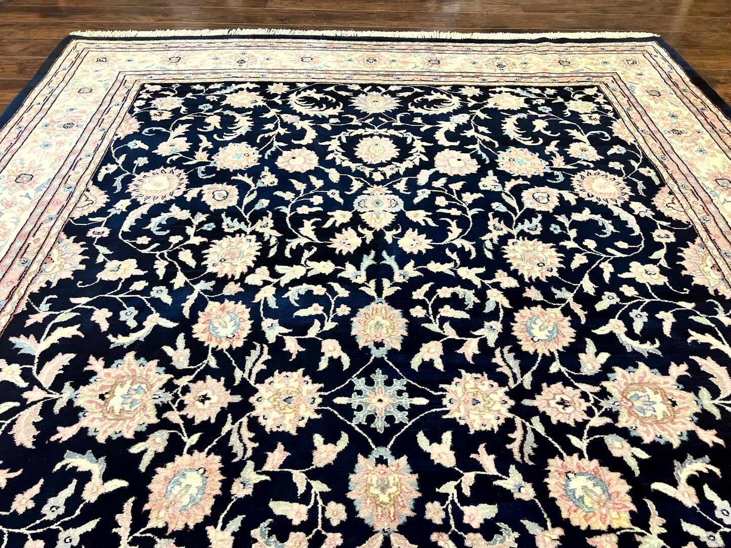 Indo Persian Rug 9x12 Wool Handmade Floral Allover Navy Ivory Vintage Carpet