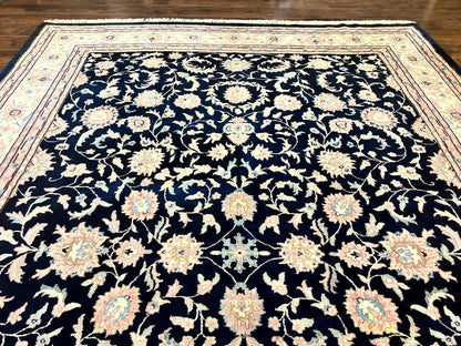 Indo Persian Rug 9x12 Wool Handmade Floral Allover Navy Ivory Vintage Carpet