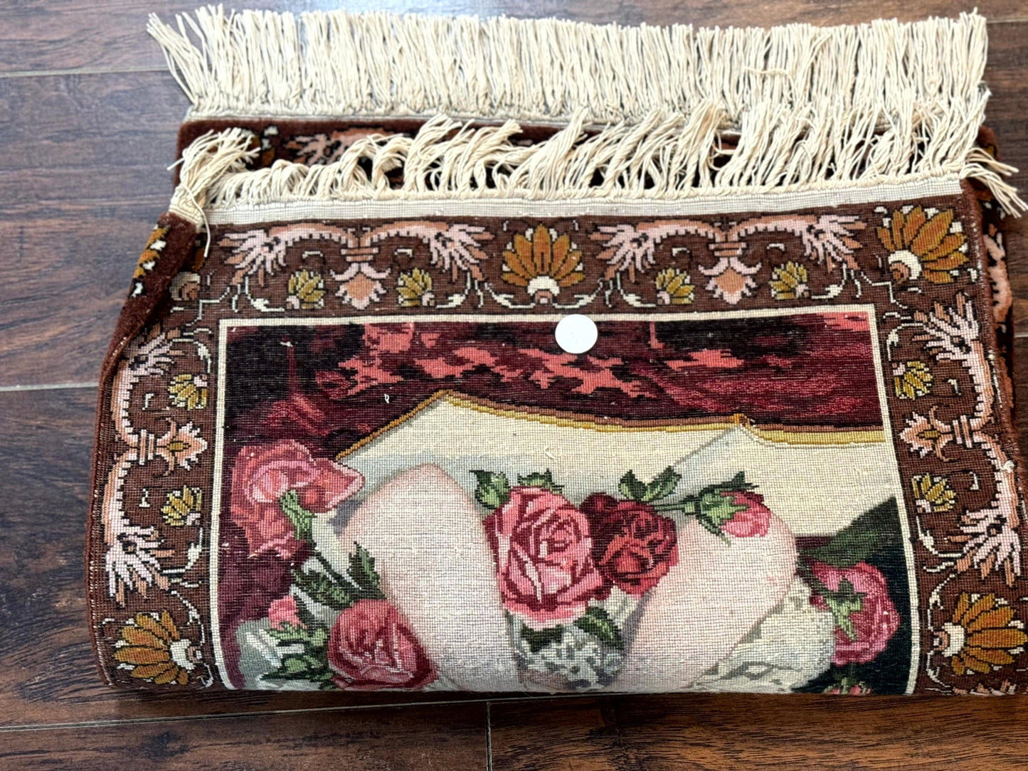 Persian Pictorial Rug Small Tabriz With Roses Portrait Of A Young Lady Handmade Wall Hanging