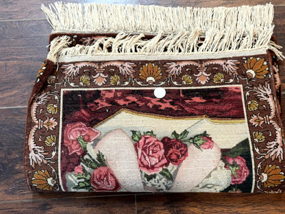 Persian Pictorial Rug Small Tabriz With Roses Portrait Of A Young Lady Handmade Wall Hanging