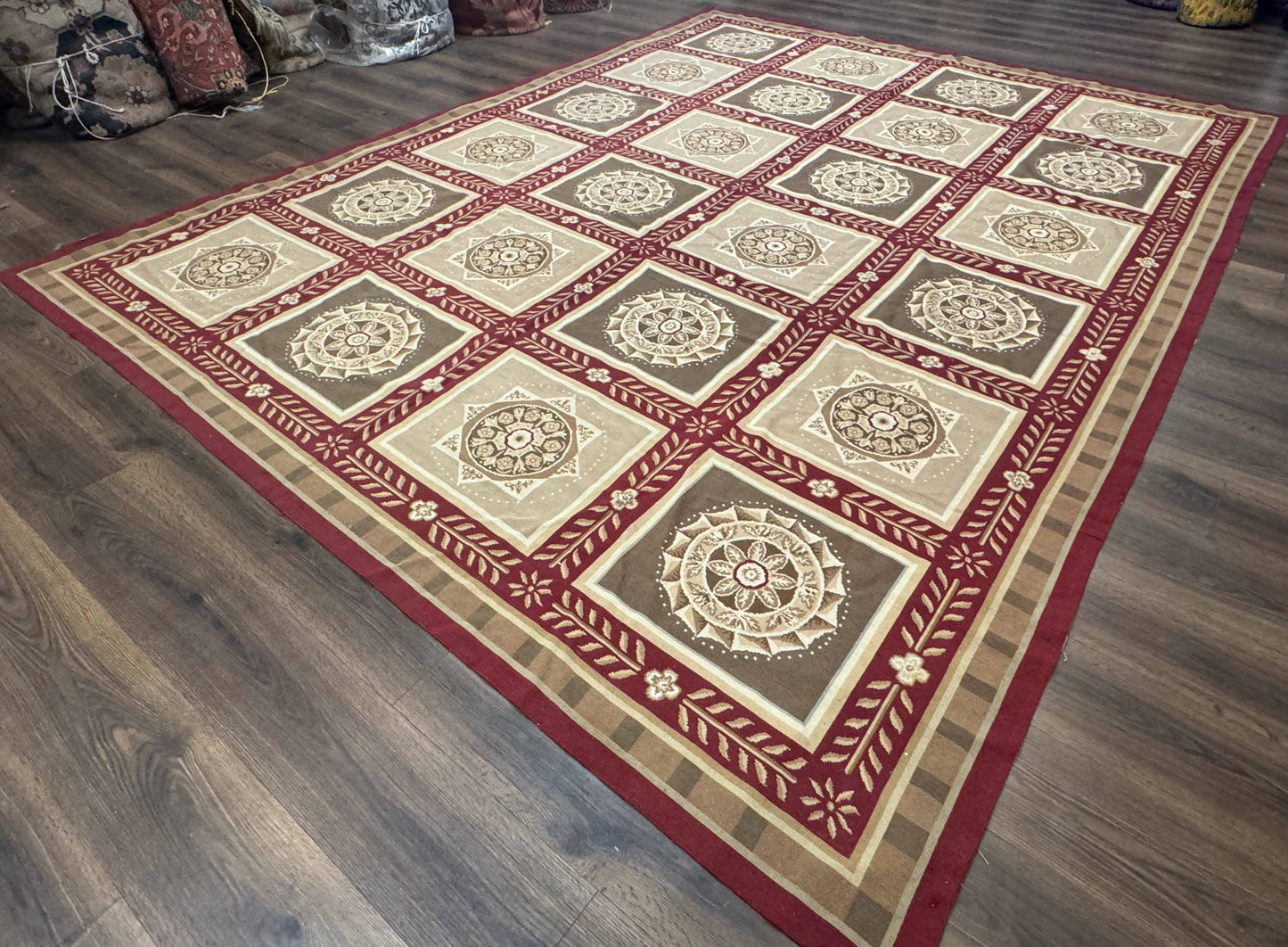Needlepoint Rug 9x12, Panel Design, Burgundy Taupe, Elegant