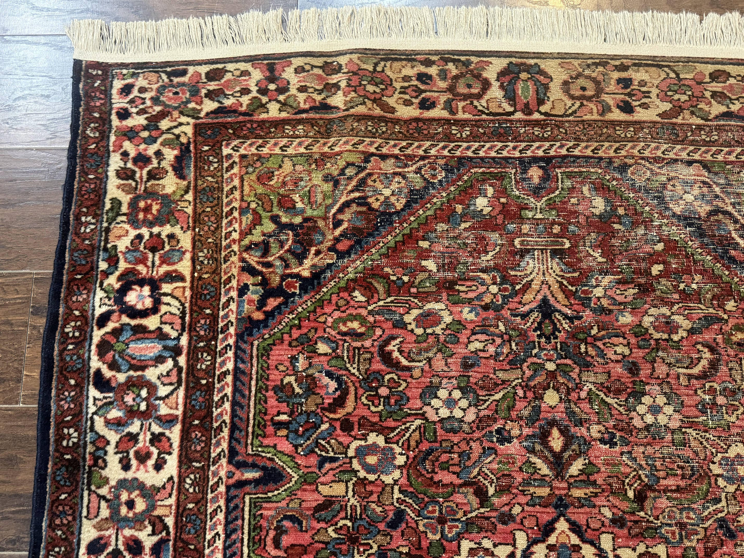 Antique Persian Malayer Rug 4 Ft 7 In By 6 Ft 6 In Hand Knotted Wool Carpet 1920s Tribal Red With Navy Accents