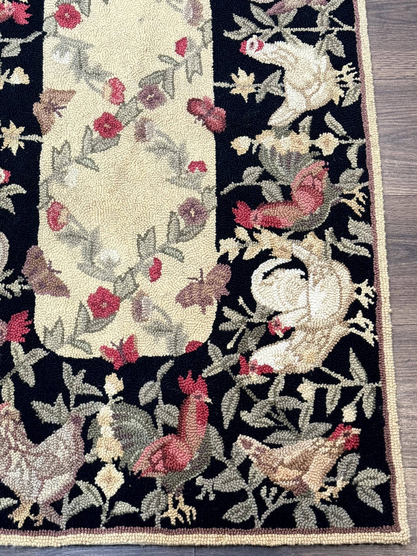 Small Vintage Hooked Rug Roosters Handmade Wool Area Rug Decor Accent