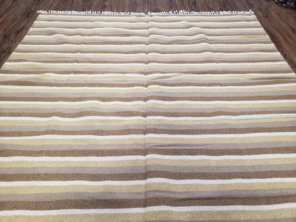 Indian Striped Blanket 6x9, Large Indo Kilim Area Rug, Earthern Tones Woolen Hand-Woven Flatweave South American Style Queen Size Bedspread