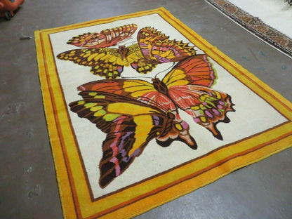 Hand Knotted Wool Rug 4x6 Butterfly Design Spanish Made Vintage 1980s